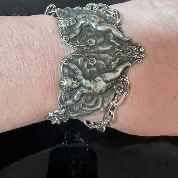 Cherub Chain Angel Bracelet Link Statement Cuff Putti Silver Baroque Rococo - Picture 7 of 11